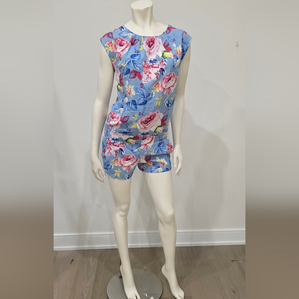 Fever London Linen Blend Floral Blue Romper US6
